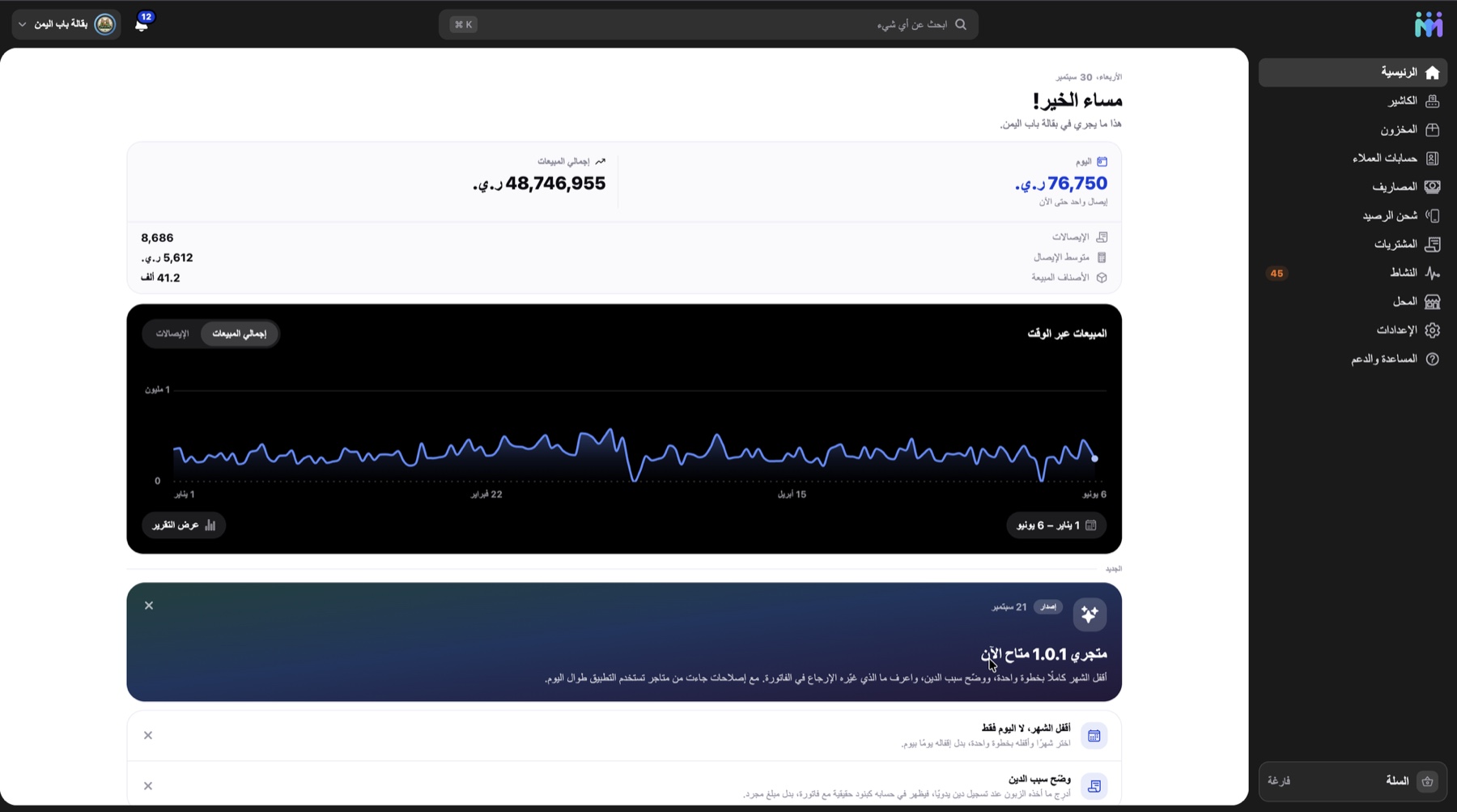 الرئيسية في المتصفح: مبيعات اليوم، الإجمالي، ومخطط المبيعات عبر الوقت / Home in the browser: today's sales, the total, and the sales chart over time